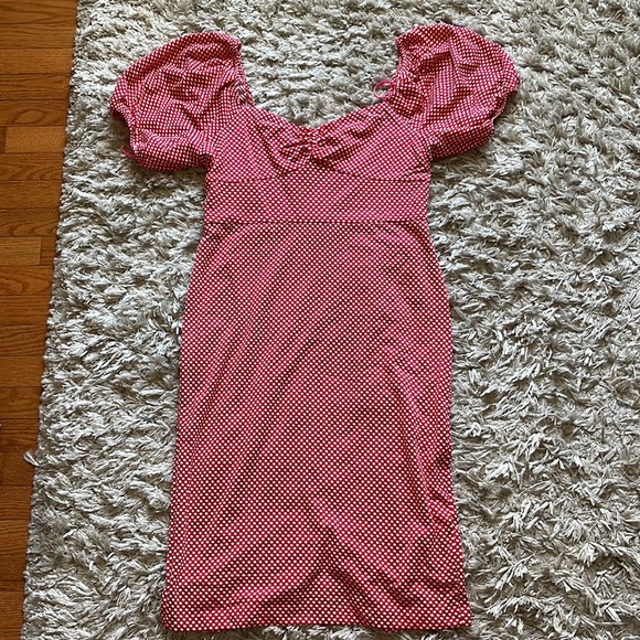 Betsey Johnson Women's Polka Dot Print Puff Sleeve Midi Sheath Dress - Picture 4 of 11